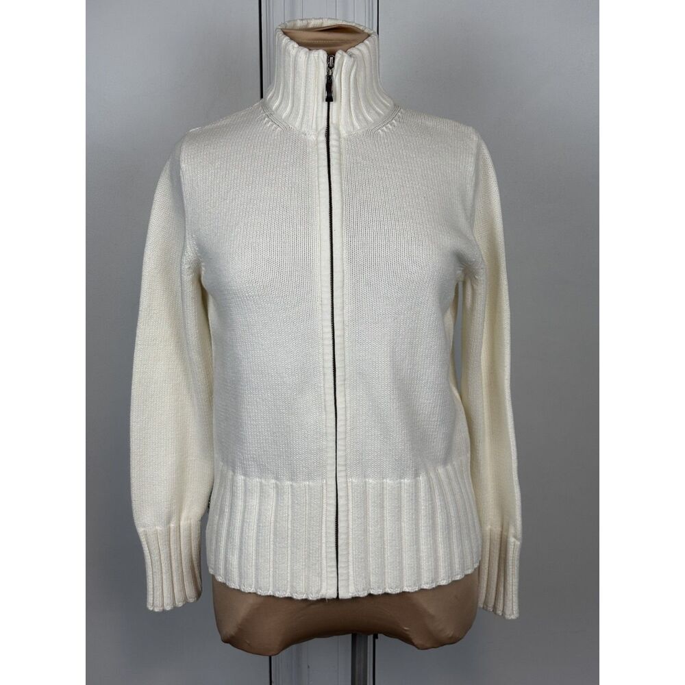 Lands End VTG Zip Knit Mock Neck Sweater Cardigan White S/P
